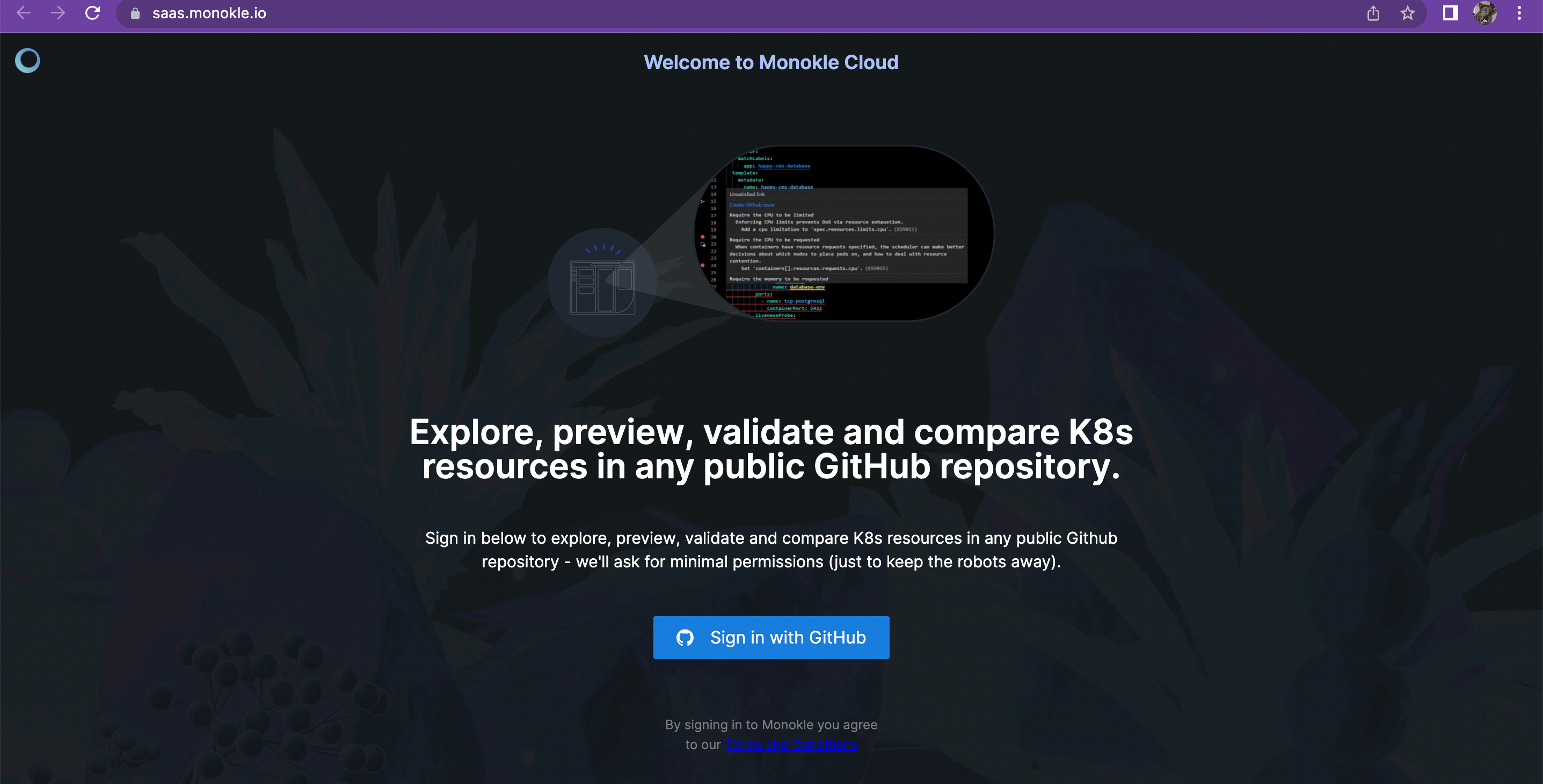 Monokle Cloud Start Screen